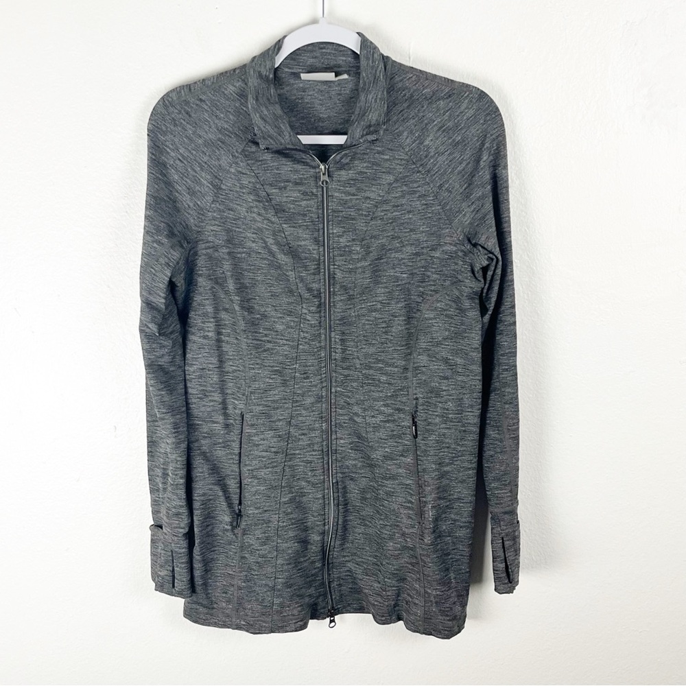 ATHLETA CYA Stronger Heather Gray Full Zipper Scuba Jacket Medium Yoga Workout